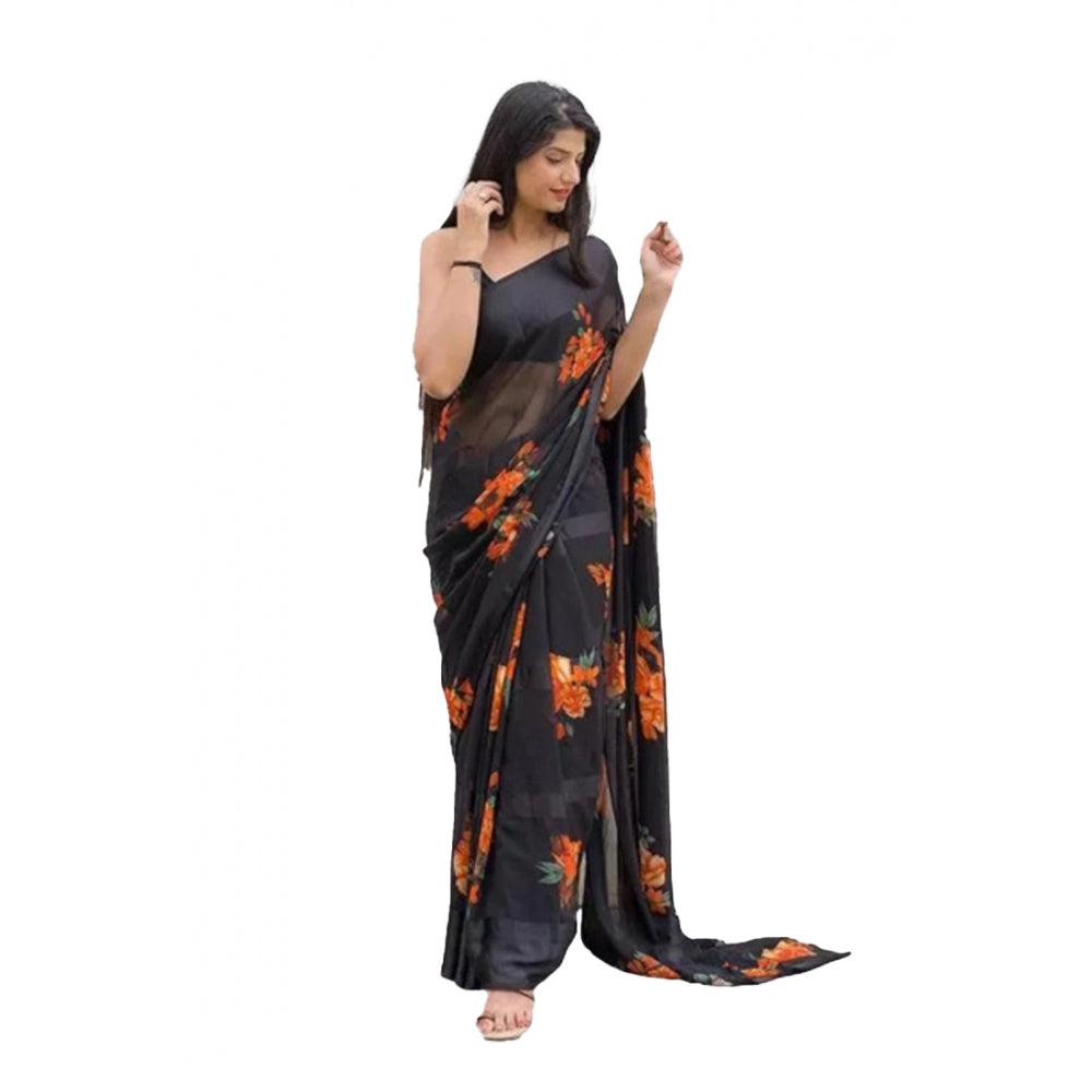 Generic Women's Sattin Patta Printed Saree With Unstitched Blouse (Orange)