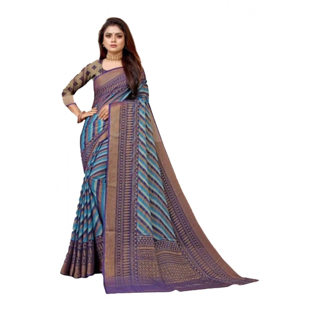 Generic Women's Viscose Rayon Printed Saree With Unstitched Blouse (Navy Blue)