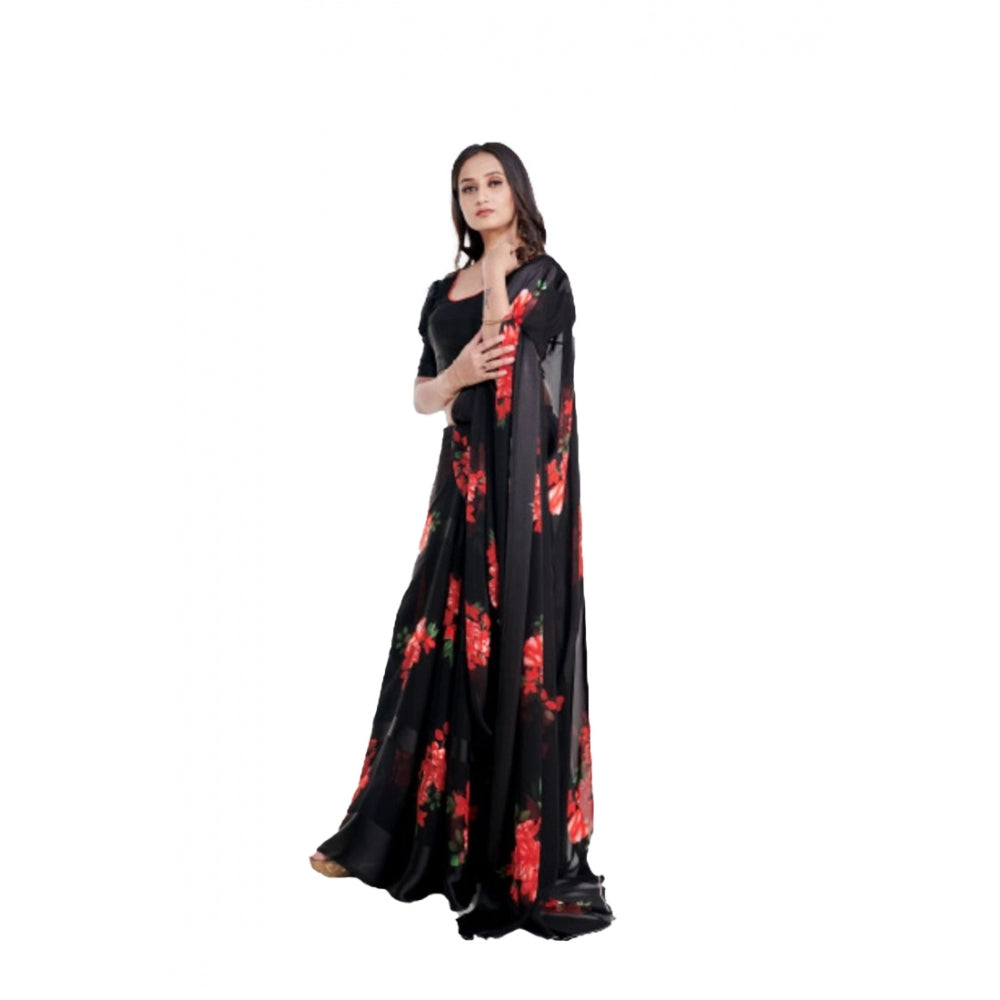 Generic Women's Sattin Patta Printed Saree With Unstitched Blouse (Red)