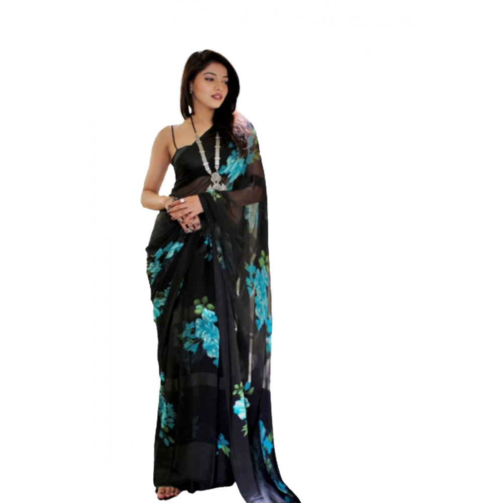 Generic Women's Sattin Patta Printed Saree With Unstitched Blouse (Blue)