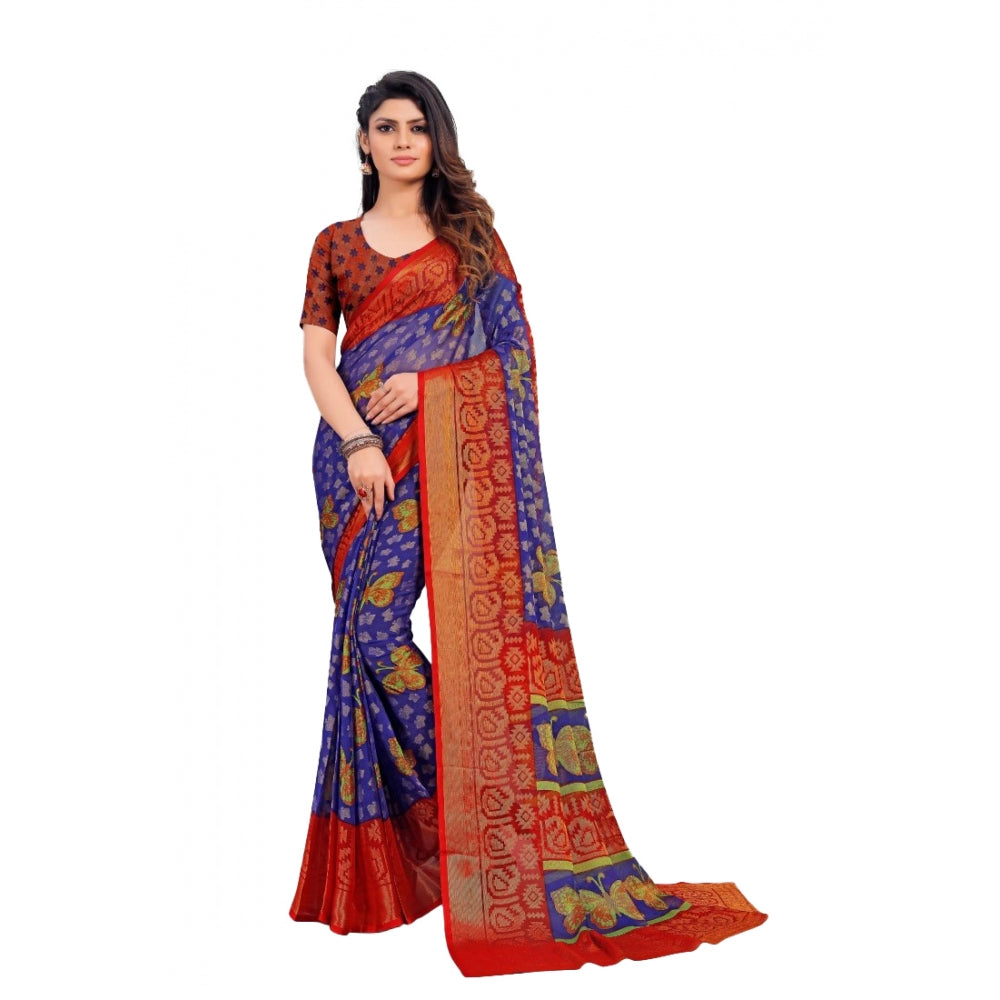 Generic Women's Viscose Rayon Printed Saree With Unstitched Blouse (Blue)