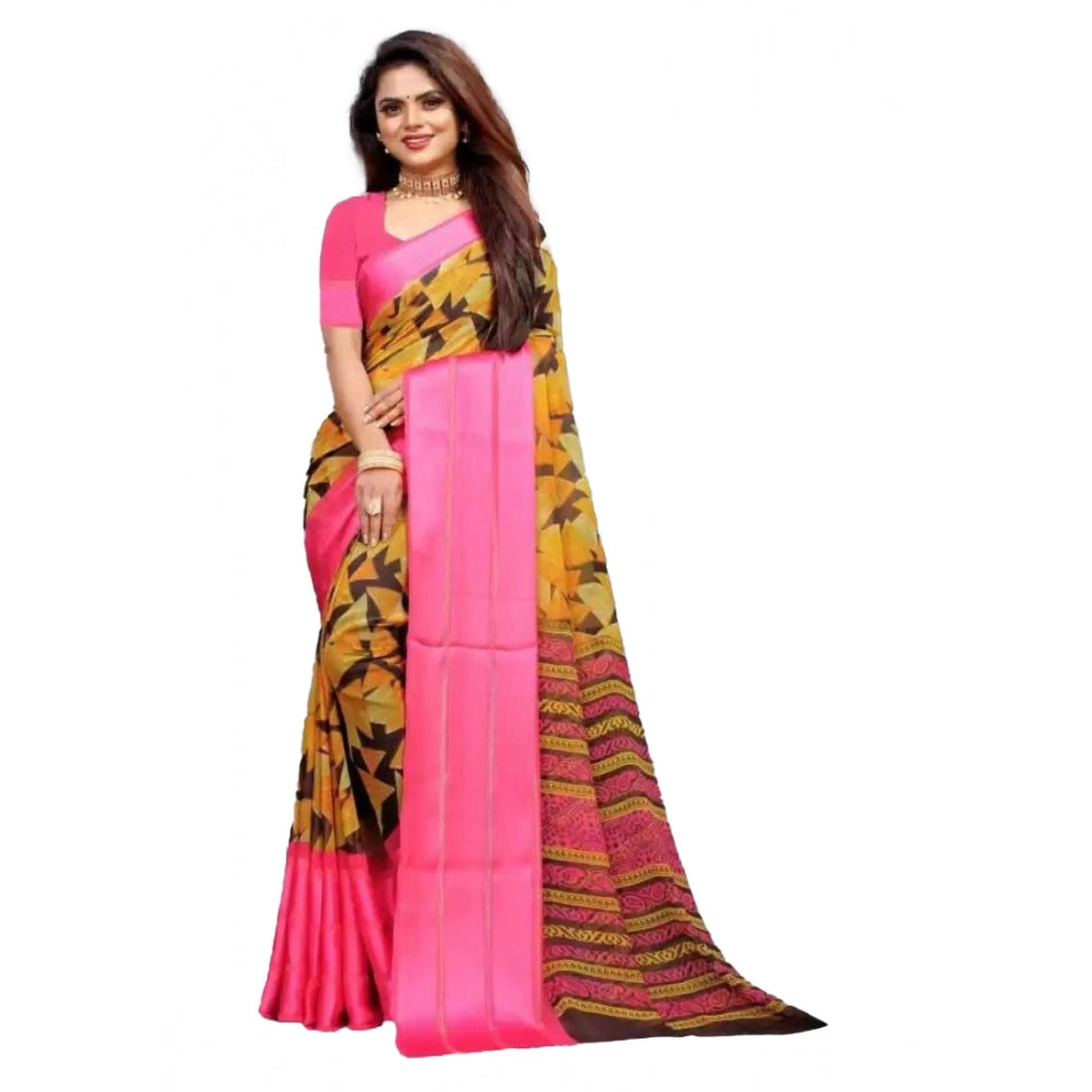 Generic Women's Sattin Patta Printed Saree With Unstitched Blouse (Pink)