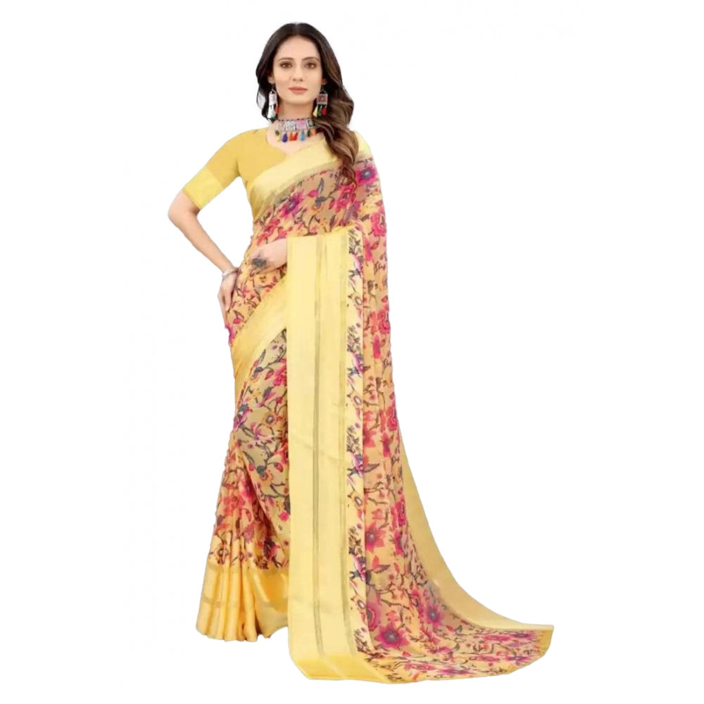 Generic Women's Sattin Patta Printed Saree With Unstitched Blouse (Yellow)