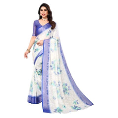 Generic Women's Viscose Rayon Printed Saree With Unstitched Blouse (Blue)