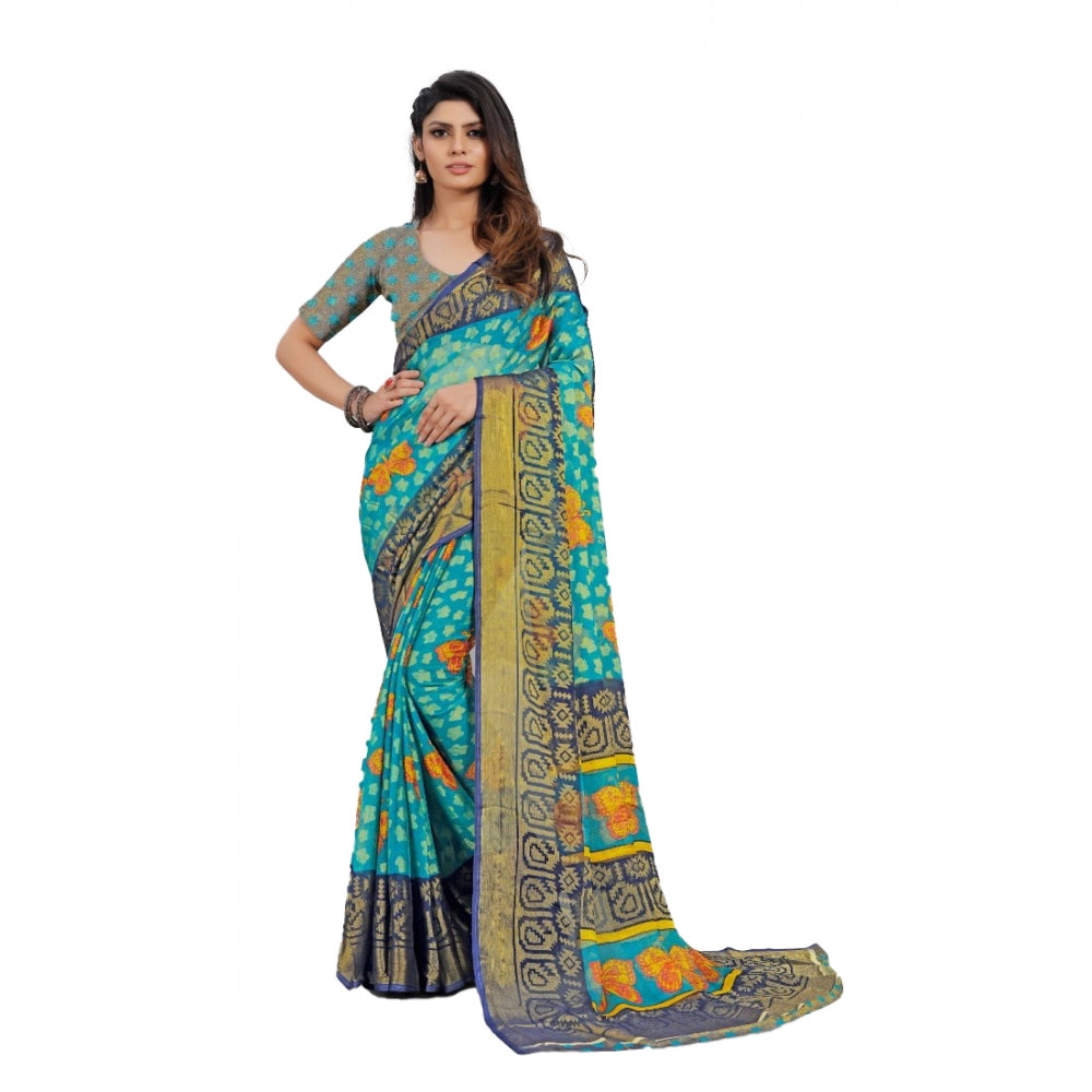 Generic Women's Viscose Rayon Printed Saree With Unstitched Blouse (Sky Blue)