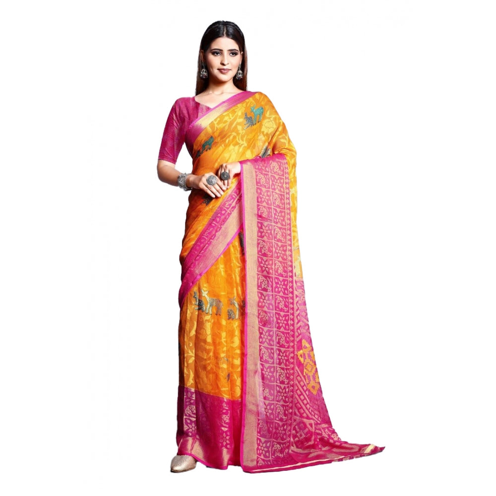 Generic Women's Viscose Rayon Printed Saree With Unstitched Blouse (Yellow)