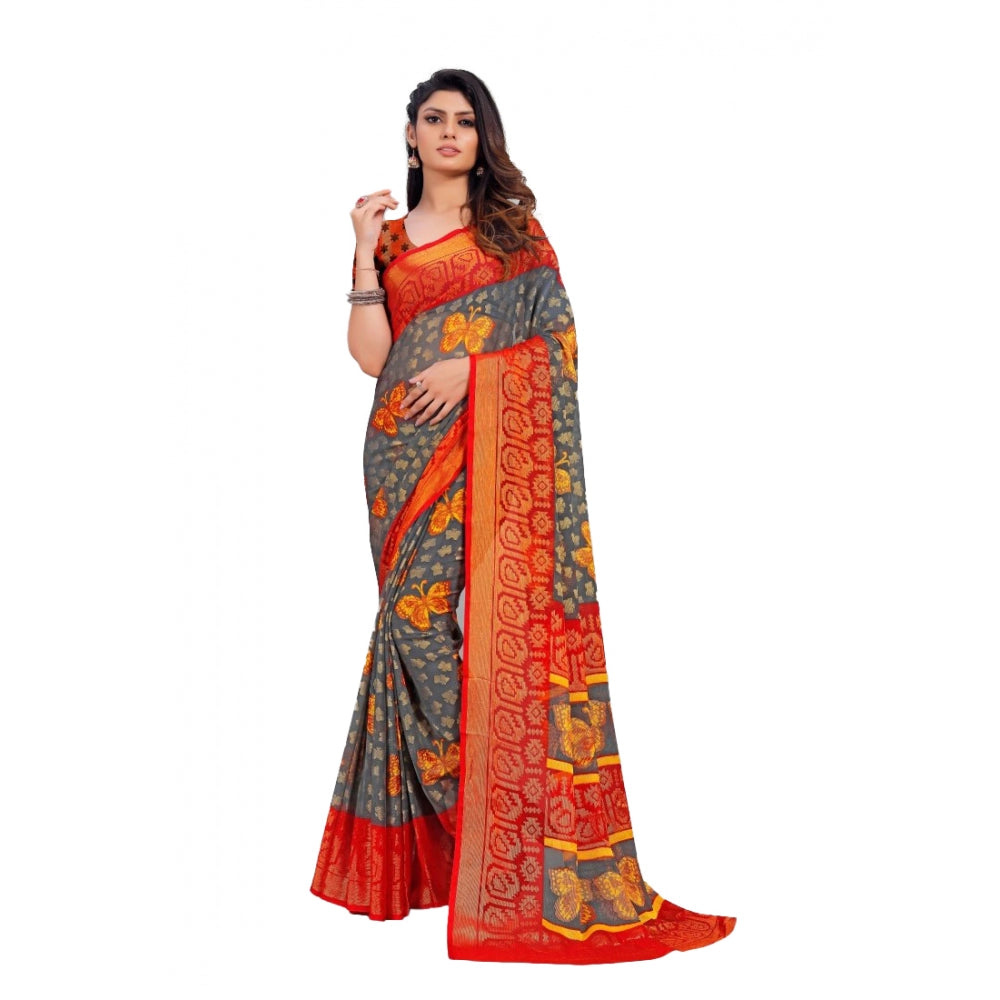 Generic Women's Viscose Rayon Printed Saree With Unstitched Blouse (Grey)