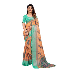 Generic Women's Viscose Rayon Printed Saree With Unstitched Blouse (Orange)