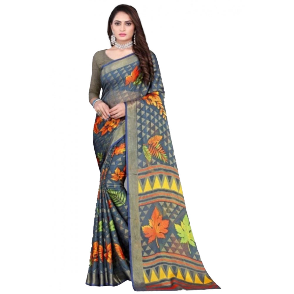 Generic Women's Viscose Rayon Printed Saree With Unstitched Blouse (Grey)