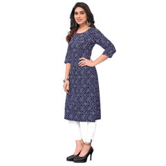 Generic Women's Casual 3/4th Sleeve Bandhani Printed Crepe Kurti (Navy Blue)