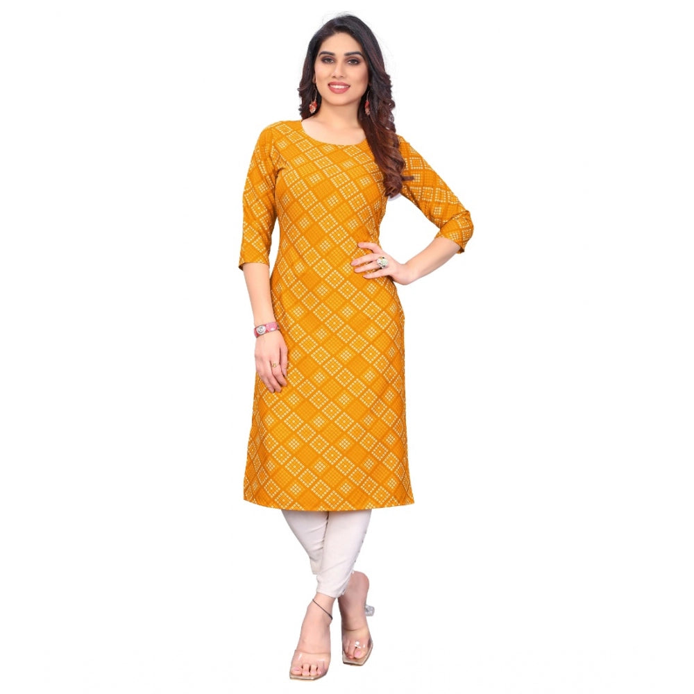 Generic Women's Casual 3/4th Sleeve Bandhani Printed Crepe Kurti (Yellow)