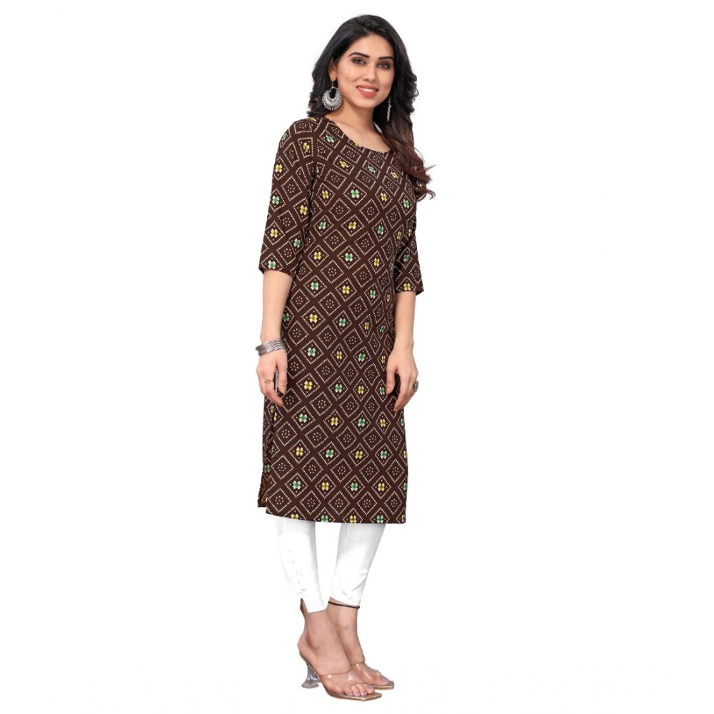 Generic Women's Casual 3/4th Sleeve Bandhani Printed Crepe Kurti (Brown)