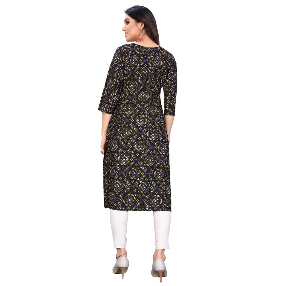 Generic Women's Casual 3/4th Sleeve Bandhani Printed Crepe Kurti (Black)