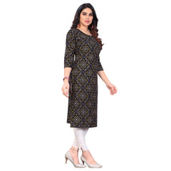 Generic Women's Casual 3/4th Sleeve Bandhani Printed Crepe Kurti (Black)