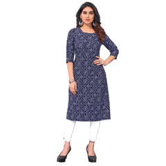 Generic Women's Casual 3/4th Sleeve Bandhani Printed Crepe Kurti (Navy Blue)