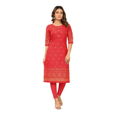 Generic Women's Casual 3/4th Sleeve Foil Gold Printed Ruby Cotton Kurti (Red)