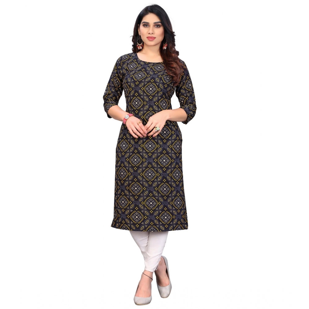 Generic Women's Casual 3/4th Sleeve Bandhani Printed Crepe Kurti (Black)