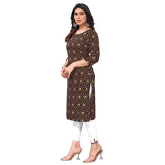 Generic Women's Casual 3/4th Sleeve Bandhani Printed Crepe Kurti (Brown)