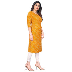 Generic Women's Casual 3/4th Sleeve Bandhani Printed Crepe Kurti (Yellow)