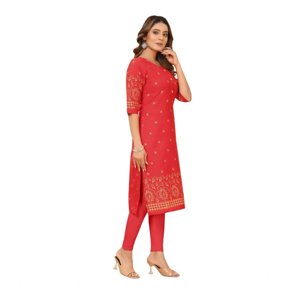 Generic Women's Casual 3/4th Sleeve Foil Gold Printed Ruby Cotton Kurti (Red)