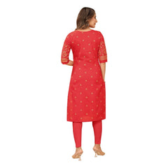 Generic Women's Casual 3/4th Sleeve Foil Gold Printed Ruby Cotton Kurti (Red)