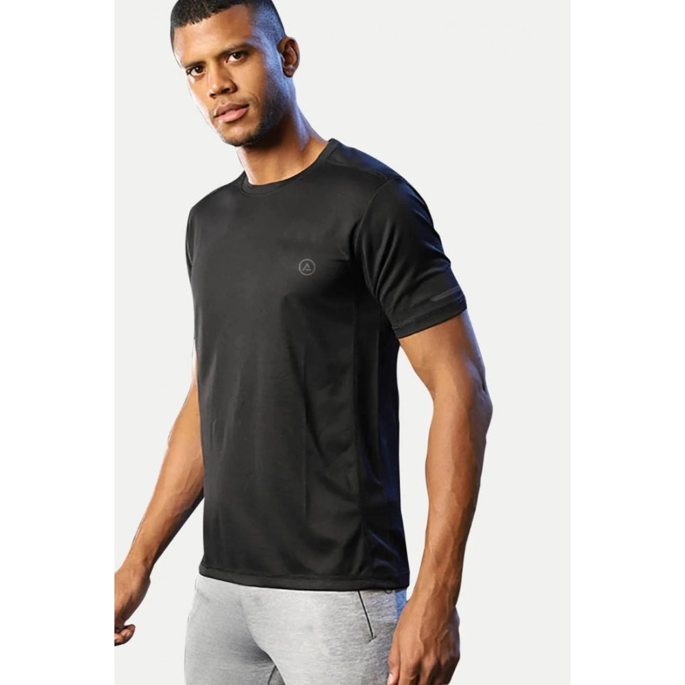 Generic Men's Casual Half sleeve Solid Polyester Crew Neck T-shirt (Black)