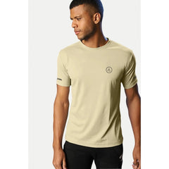 Generisches Herren-T-Shirt aus legerem, halbarmigem, einfarbigem Polyester mit Rundhalsausschnitt (Sand)