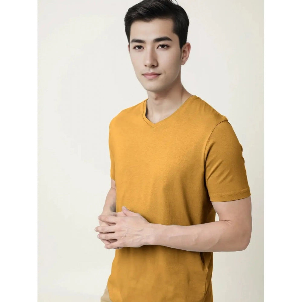 Generic Men's Casual Half sleeve Solid Cotton V Neck T-shirt (Mustard )