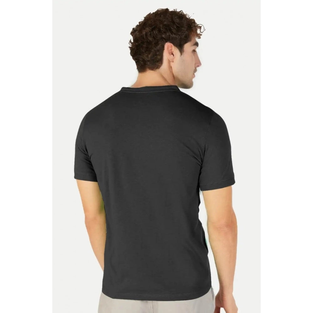 Generic Men's Casual Half sleeve Solid Cotton Henley Neck T-shirt (Black)