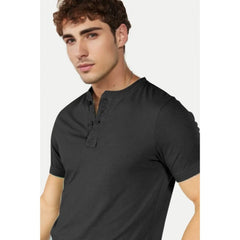 Generic Men's Casual Half sleeve Solid Cotton Henley Neck T-shirt (Black)