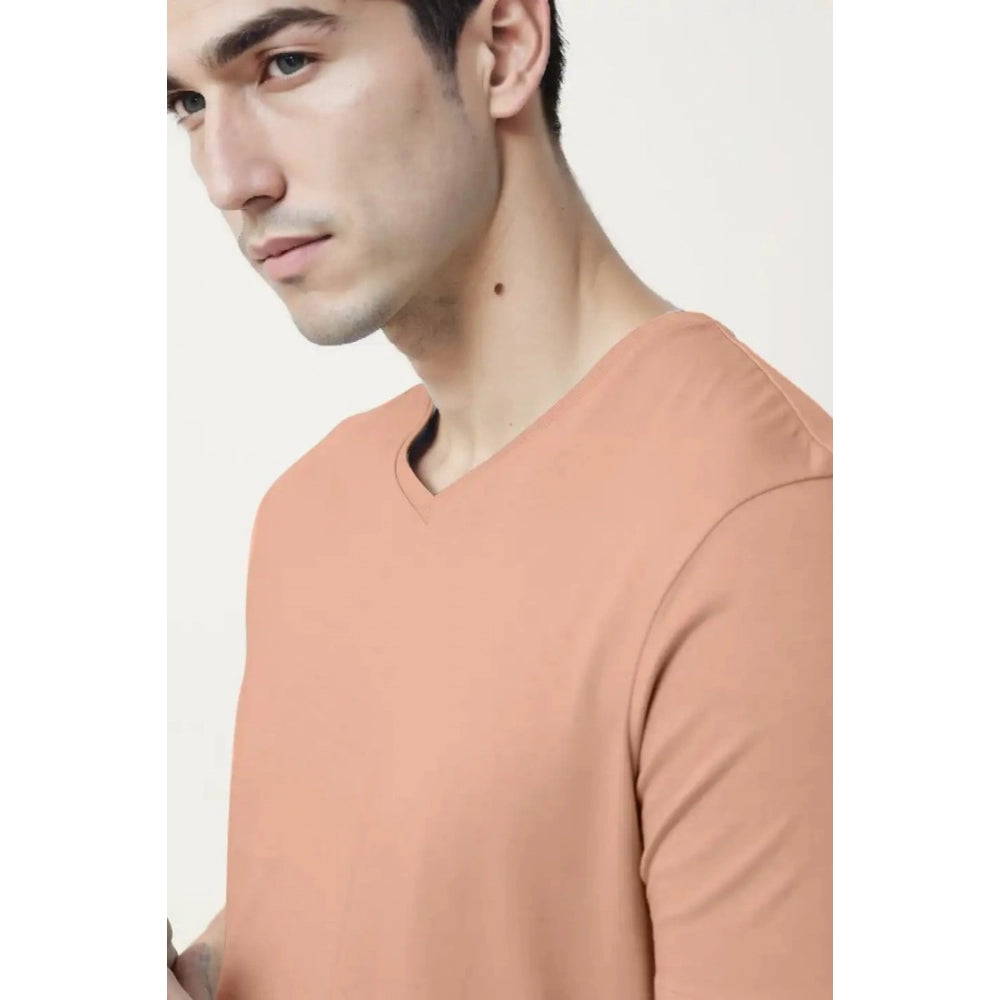 Generic Men's Casual Half sleeve Solid Cotton V Neck T-shirt (Peach)