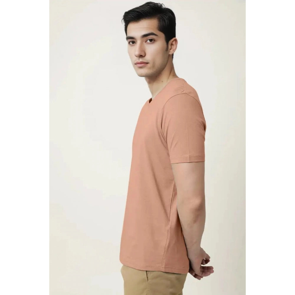 Generic Men's Casual Half sleeve Solid Cotton V Neck T-shirt (Peach)