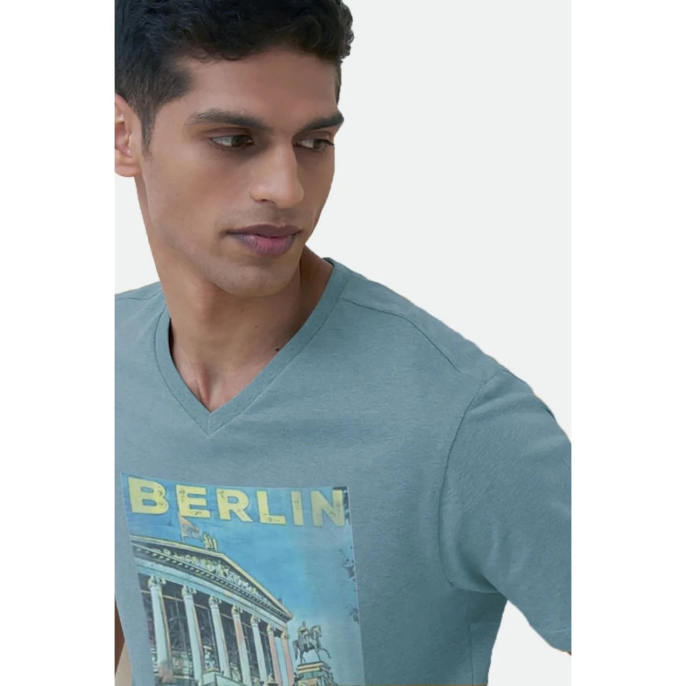 Generisches Herren-T-Shirt mit halblangen Ärmeln und Rundhalsausschnitt aus Baumwolle mit digitalem Aufdruck (Blaugrün)