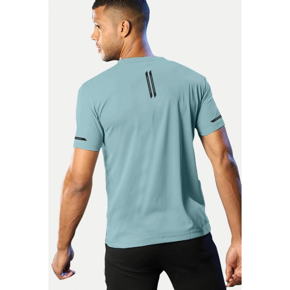 Generic Men's Casual Half sleeve Solid Polyester Crew Neck T-shirt (Turquoise Blue)