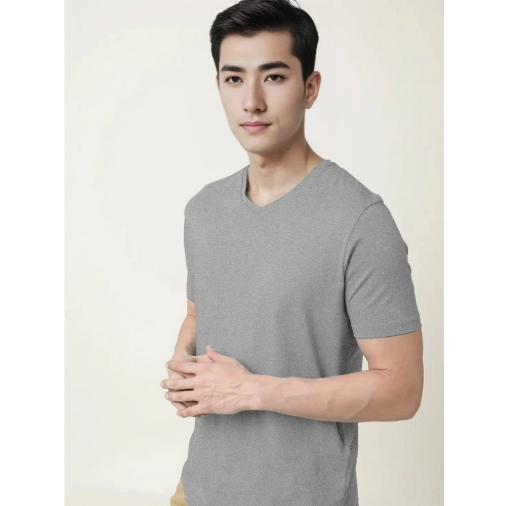 Generic Men's Casual Half sleeve Solid Cotton V Neck T-shirt (Grey Melange)