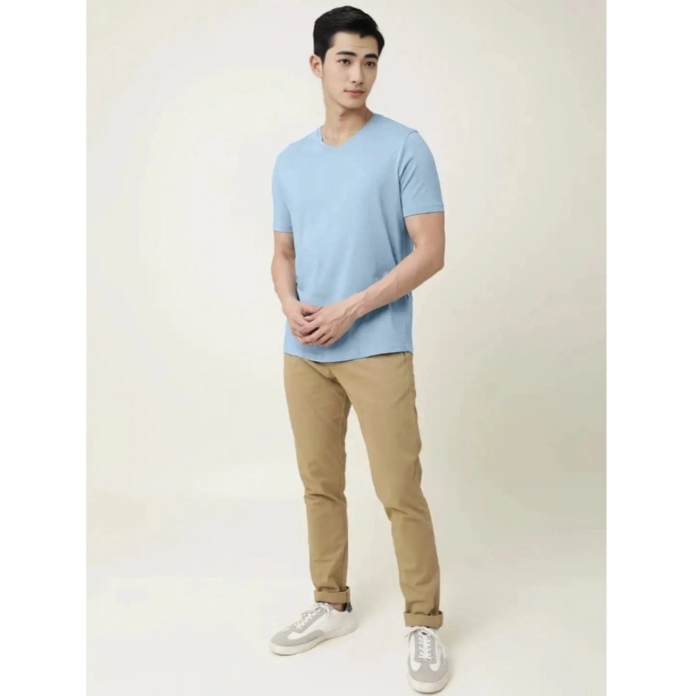 Generic Men's Casual Half sleeve Solid Cotton V Neck T-shirt (Sky)