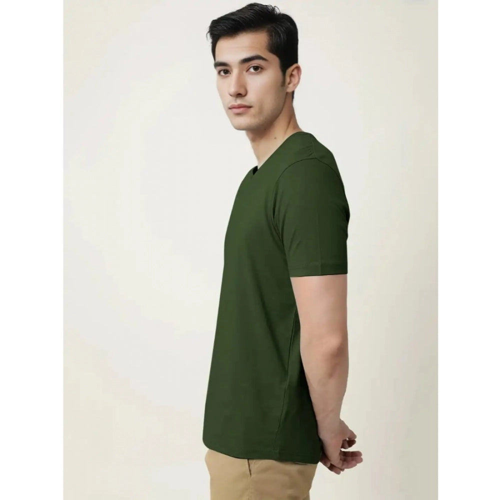 Generic Men's Casual Half sleeve Solid Cotton V Neck T-shirt (Olive)