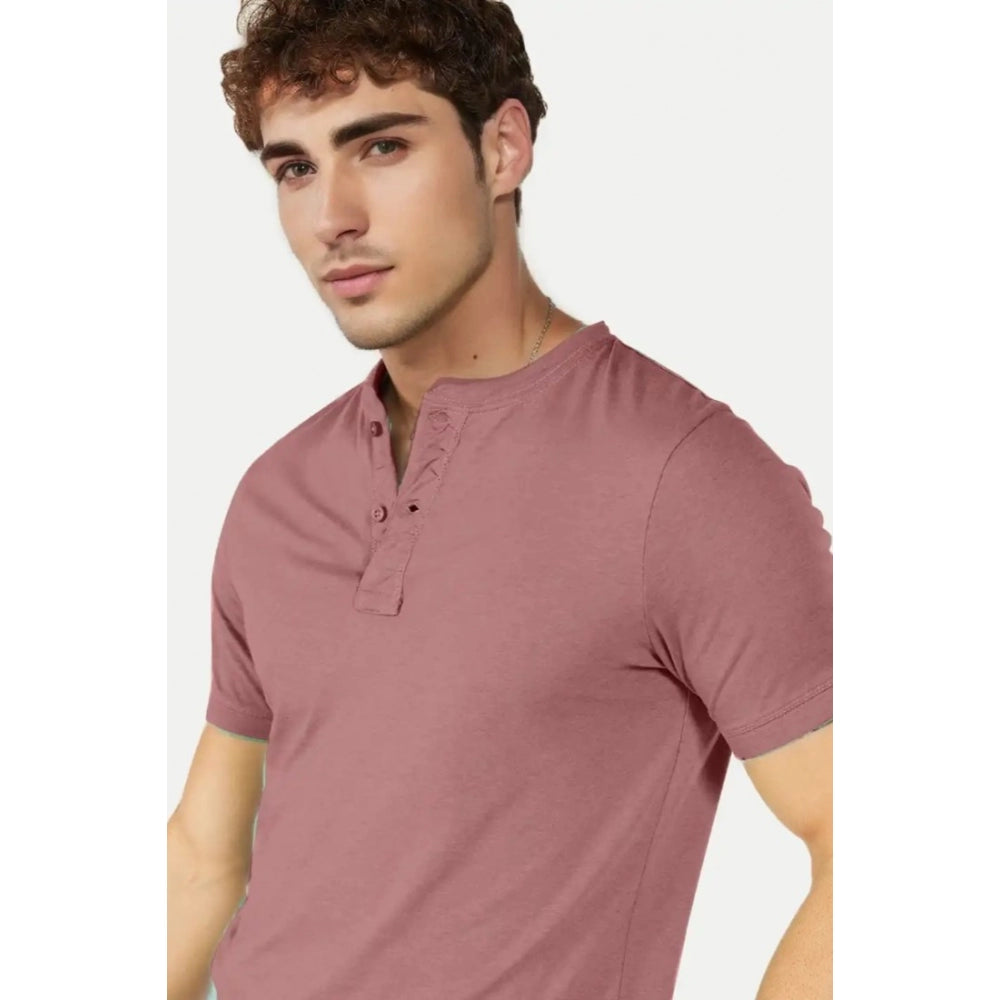 Generic Men's Casual Half sleeve Solid Cotton Henley Neck T-shirt (Onion)