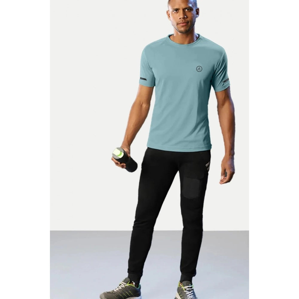 Generic Men's Casual Half sleeve Solid Polyester Crew Neck T-shirt (Turquoise Blue)