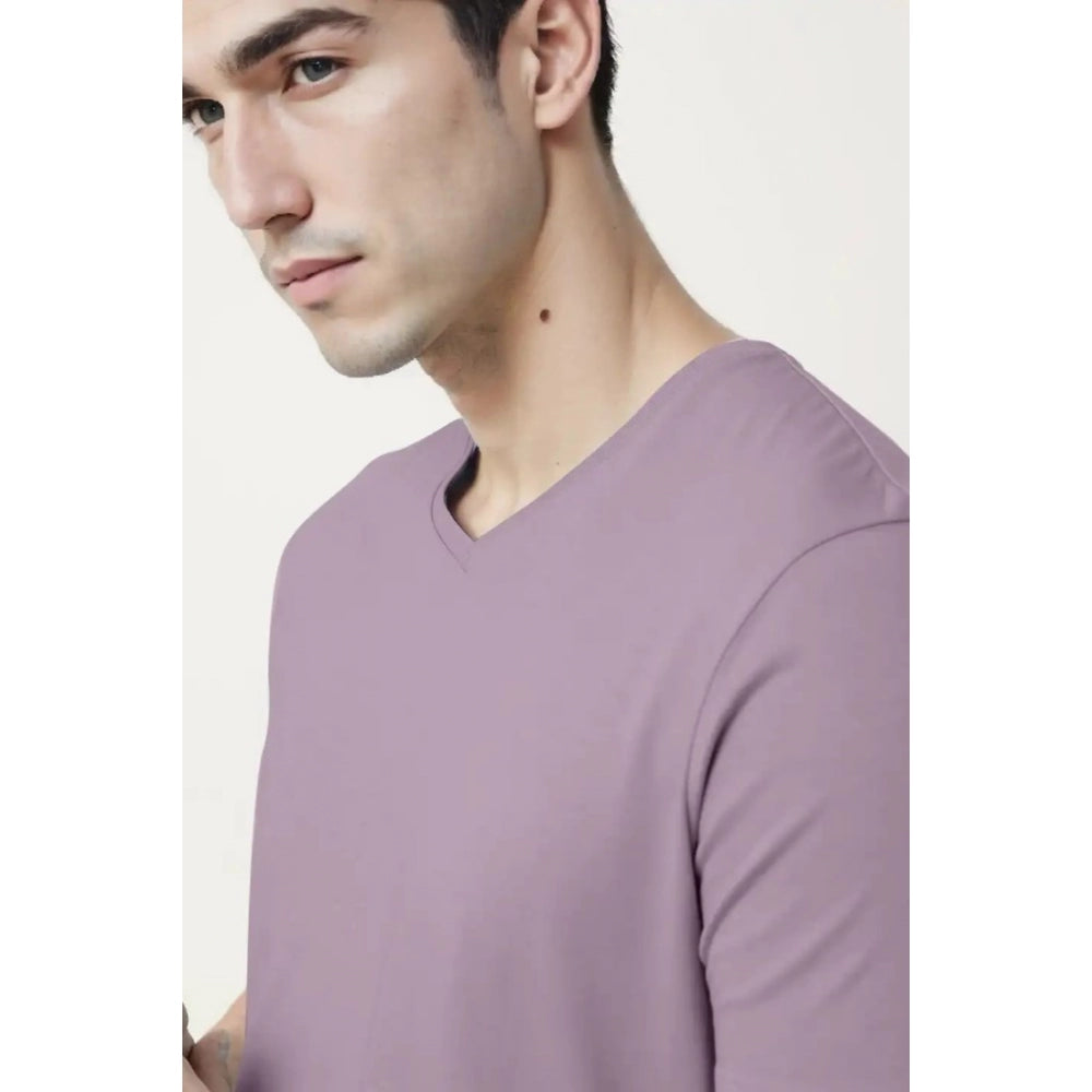 Generic Men's Casual Half sleeve Solid Cotton V Neck T-shirt (Lavender)