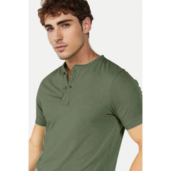 Generic Men's Casual Half sleeve Solid Cotton Henley Neck T-shirt (Olive)