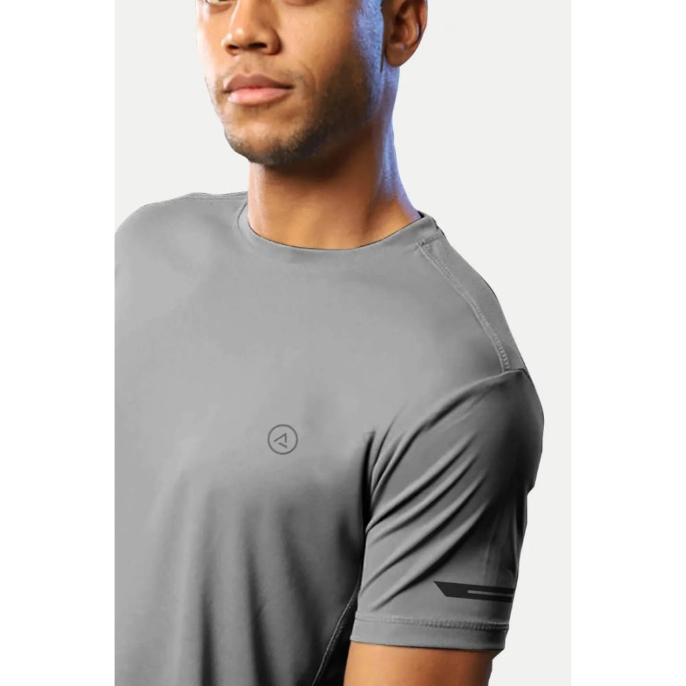 Generic Men's Casual Half sleeve Solid Polyester Crew Neck T-shirt (Grey)