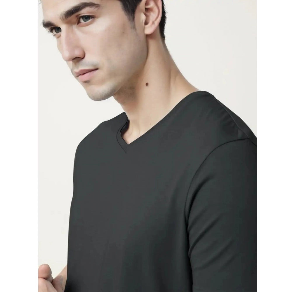 Generic Men's Casual Half sleeve Solid Cotton V Neck T-shirt (Black)