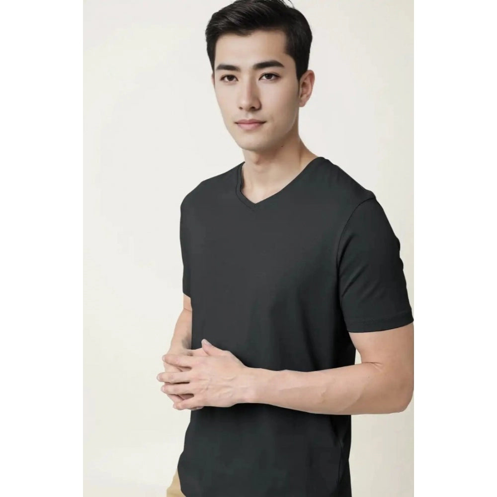 Generic Men's Casual Half sleeve Solid Cotton V Neck T-shirt (Black)