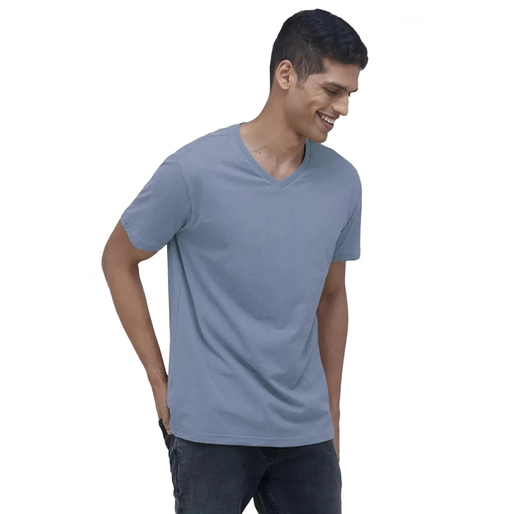 Generic Men's Casual Half sleeve Solid Cotton V Neck T-shirt (Blue)