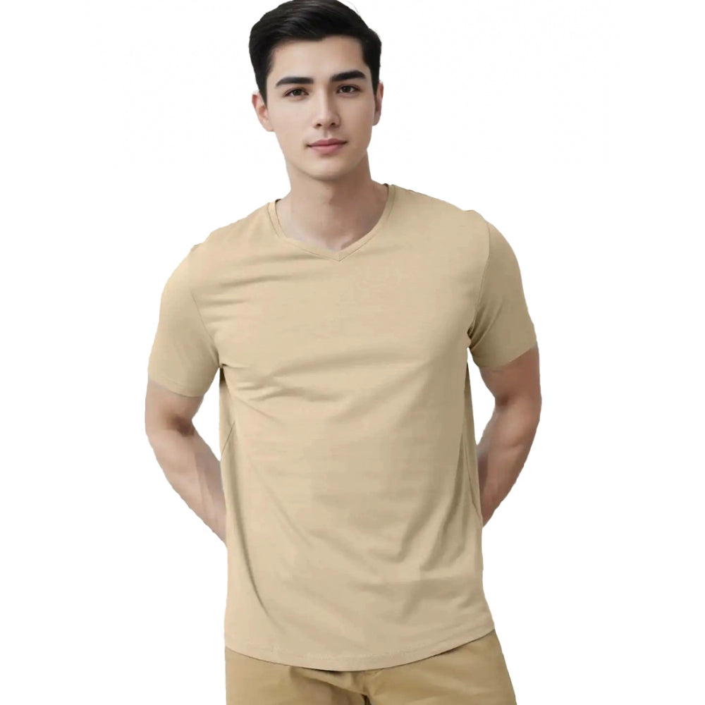 Generisches Herren-T-Shirt mit halblangen Ärmeln und V-Ausschnitt aus massiver Baumwolle (Beige)