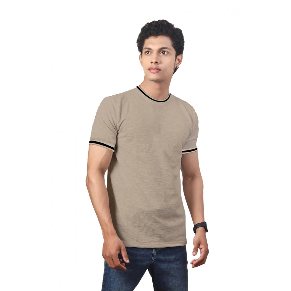 Generic Men's Casual Half sleeve Solid Polyester Crew Neck T-shirt (Beige)