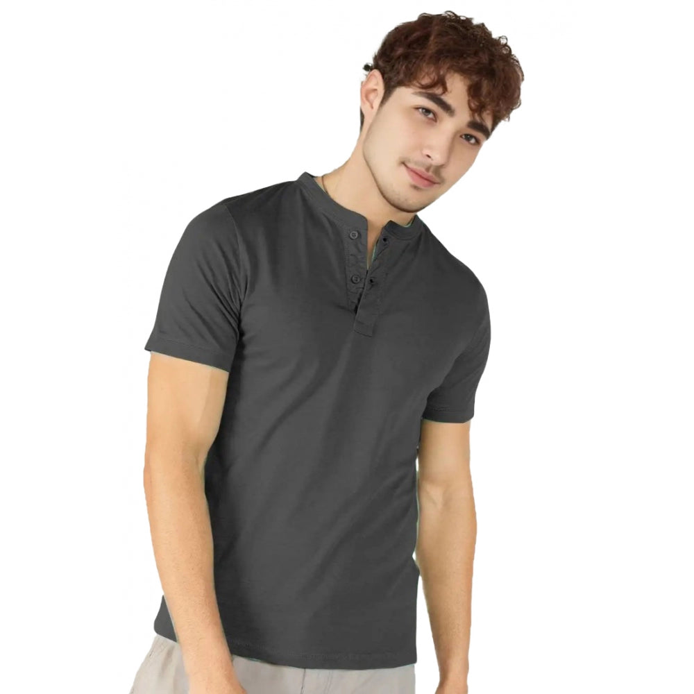 Generic Men's Casual Half sleeve Solid Cotton Henley Neck T-shirt (Dark Grey)