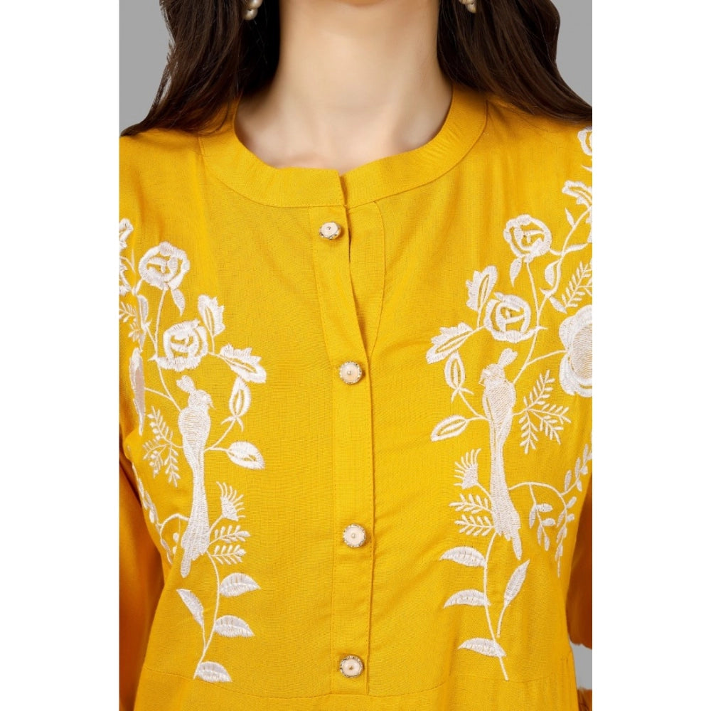 Generic Women's Embroidered Calf Length Rayon Kurti (Yellow)