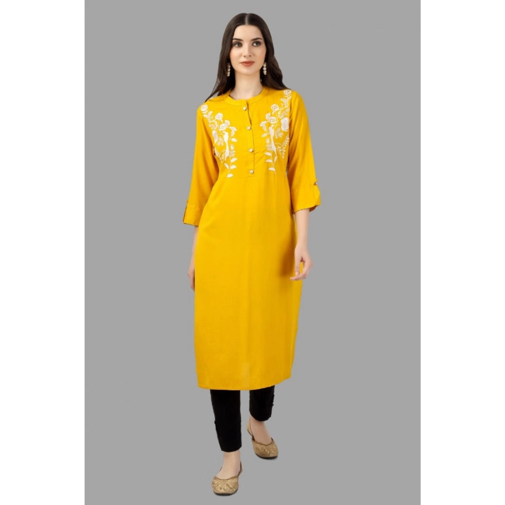 Generic Women's Embroidered Calf Length Rayon Kurti (Yellow)